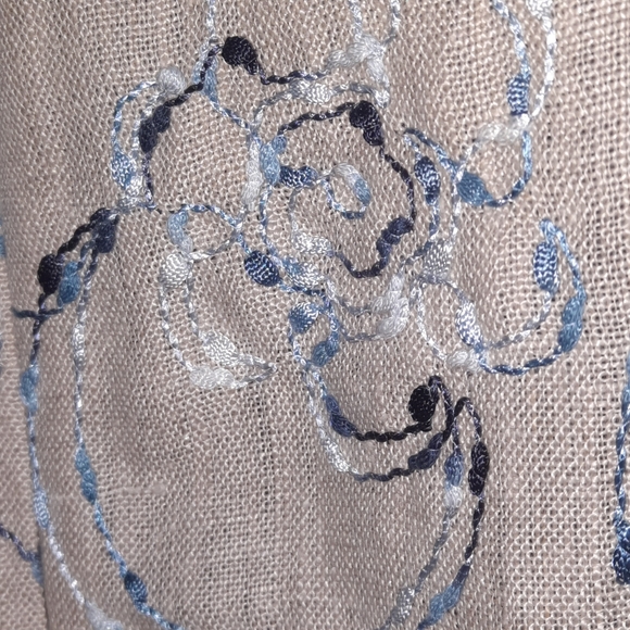 ANN MASHBURN Linen Susy Shift Dress Floral Embroidered Sleeveless Tan Khaki Blue - Picture 4 of 10